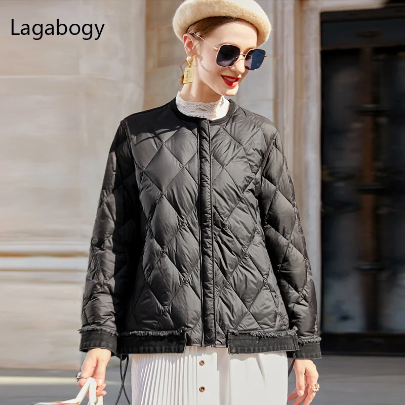 

2021 New Winter Jacket Women Ultra Light 90%White Duck Down Coat Demin Stitching Autumn Outwear Female Short Warm Parka