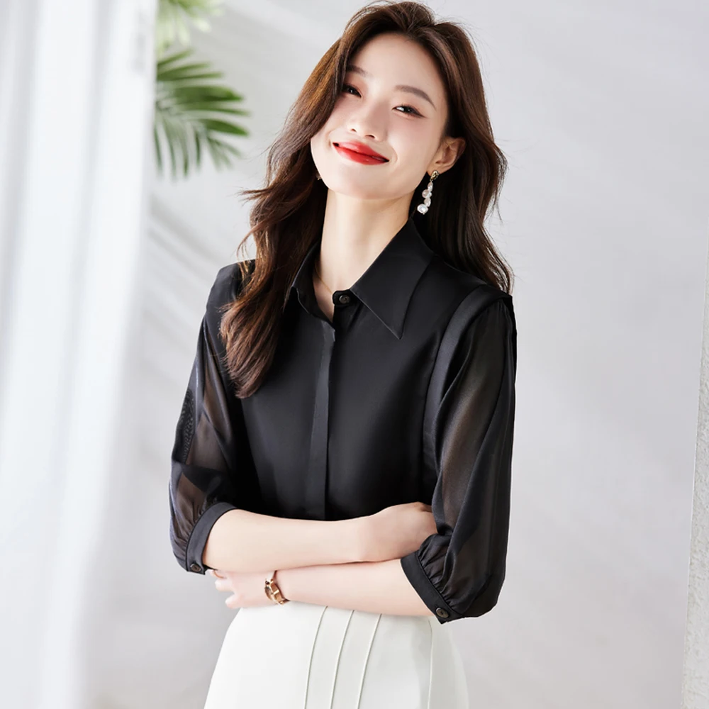

Летняя Элегантная модная женская блузка 2023 Корейская винтажная атласная Женская рубашка со складками и рукавом до локтя офисные женские Топы Одежда