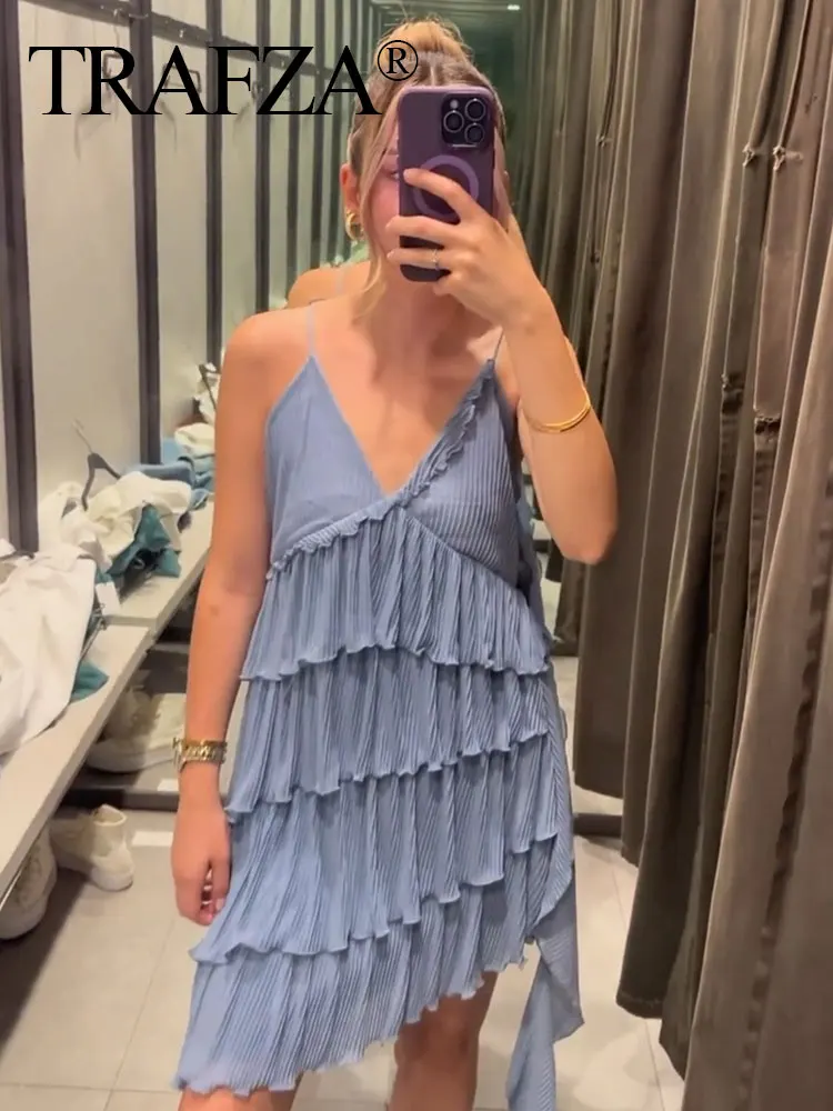 TRAFZA Female Beach Style Asymmetrical Dress Blue V-Neck Sleeveless Tierred Decorate Summer Sexy Mini Dresses Women 2023 Trendy
TRAFZA Female Beach Style Asymmetrical Dress Blue V-Neck Sleeveless Tierred Decorate Summer Sexy Mini Dresses Women 2023 Trendy
