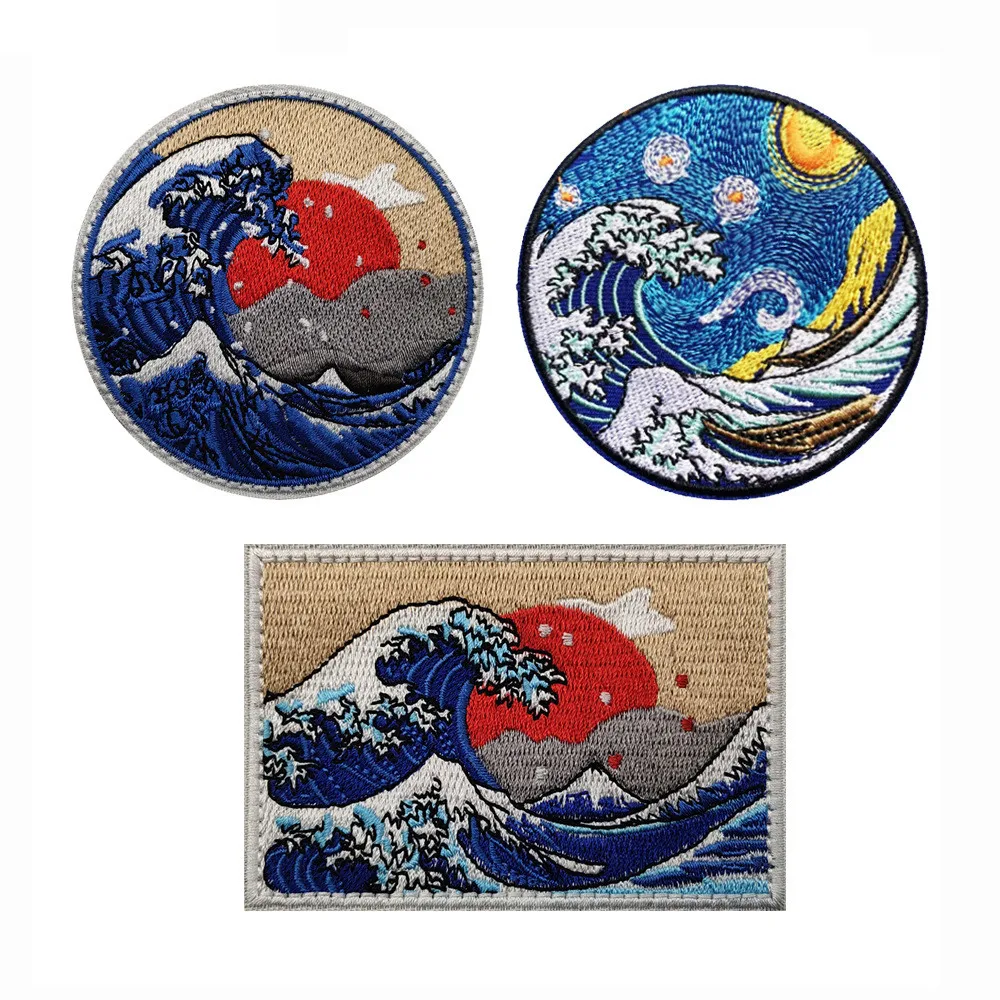 

Ukiyo-e Embroidery Patch Hook Loop Armband Kanagawa Big Wave Morale Badge Sea Wave Starry Sky Embroidery Supplies Cloth Stickers