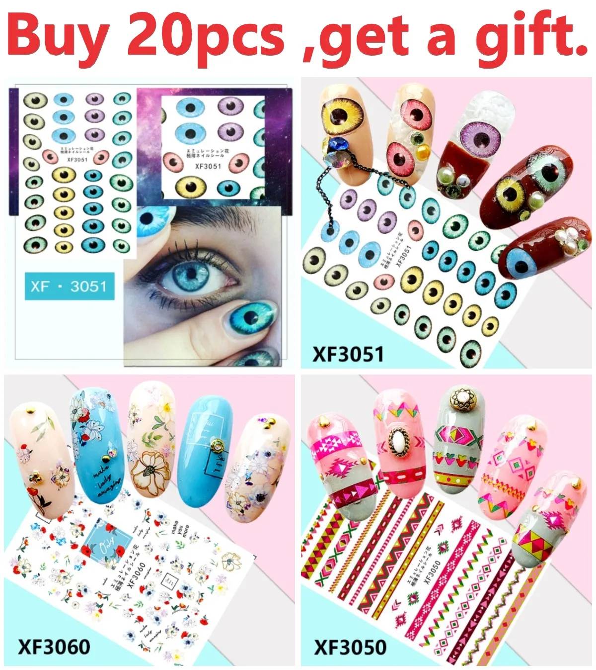 5pcs/pack 12 colors Eyes stripes animals ducks dog nail stickers Designs Gummed 3D Nail Stickers Decals Makep Art Decorations
5pcs/pack 12 colors Eyes stripes animals ducks dog nail stickers Designs Gummed 3D Nail Stickers Decals Makep Art Decorations