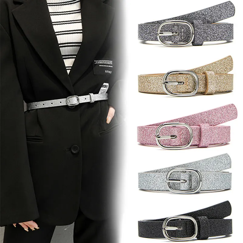 

Bling Women Belt Glitter Gold PU Leather Waist Belt Fluorescent Belt Silver Alloy Pin Buckle Belt Decorative Jeans Waistbands
