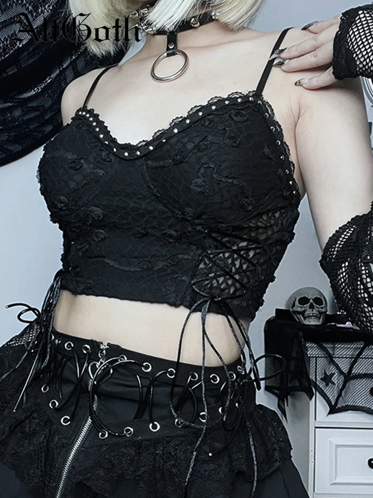 AltGoth Streetwear Y2k Gothic Camis Women Emo Alternative Grunge Lace Trim Rose Mesh Rivets Halter Tank Top Coquette Sexy Outfit
AltGoth Streetwear Y2k Gothic Camis Women Emo Alternative Grunge Lace Trim Rose Mesh Rivets Halter Tank Top Coquette Sexy Outfit