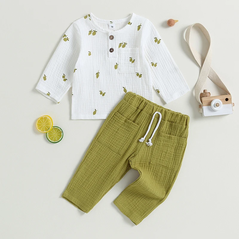 

Осенний наряд для маленьких мальчиков и девочек от 0 до 24 месяцев, 2 шт., топы с длинным рукавом и лимонным принтом и зеленые брюки, Повседневная хлопковая льняная одежда для новорожденных