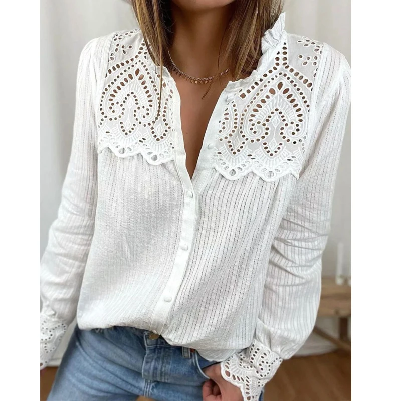 Fashion Hollow Out White Lace Shirt Woman Long Sleeve Stand Collar Casual Blouse Elegant Single Breasted Tops Blusas Mujer 29363
Fashion Hollow Out White Lace Shirt Woman Long Sleeve Stand Collar Casual Blouse Elegant Single Breasted Tops Blusas Mujer 29363