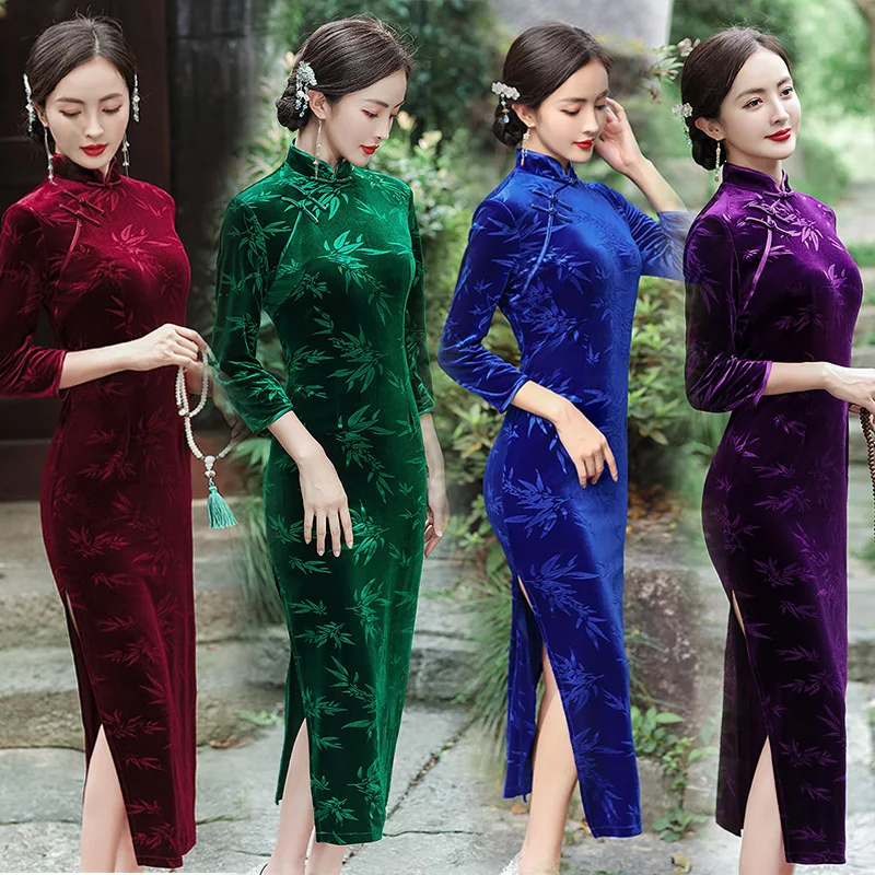 

FZSLCYIYI Elegant Mandarin Collar Seven Points Sleeve Bamboo Leaves Jacquard Gold Velour Qipao Ladies Wedding Cheongsam Size 5XL