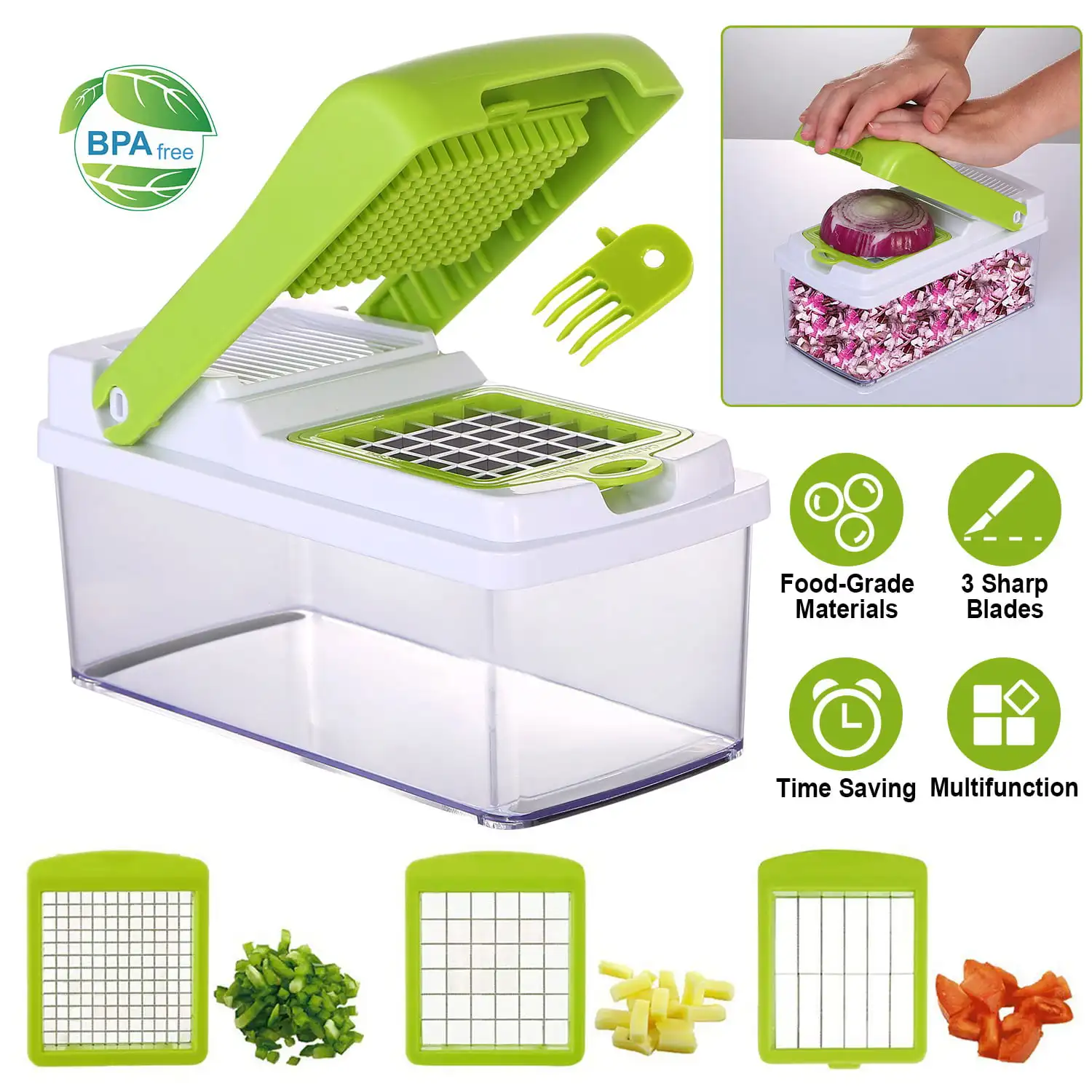Vegetable Slicer Quick Potato Tomato Fruit Cutter Set with 3 Blades Stainless Steel Food Chopper
Vegetable Slicer Quick Potato Tomato Fruit Cutter Set with 3 Blades Stainless Steel Food Chopper
