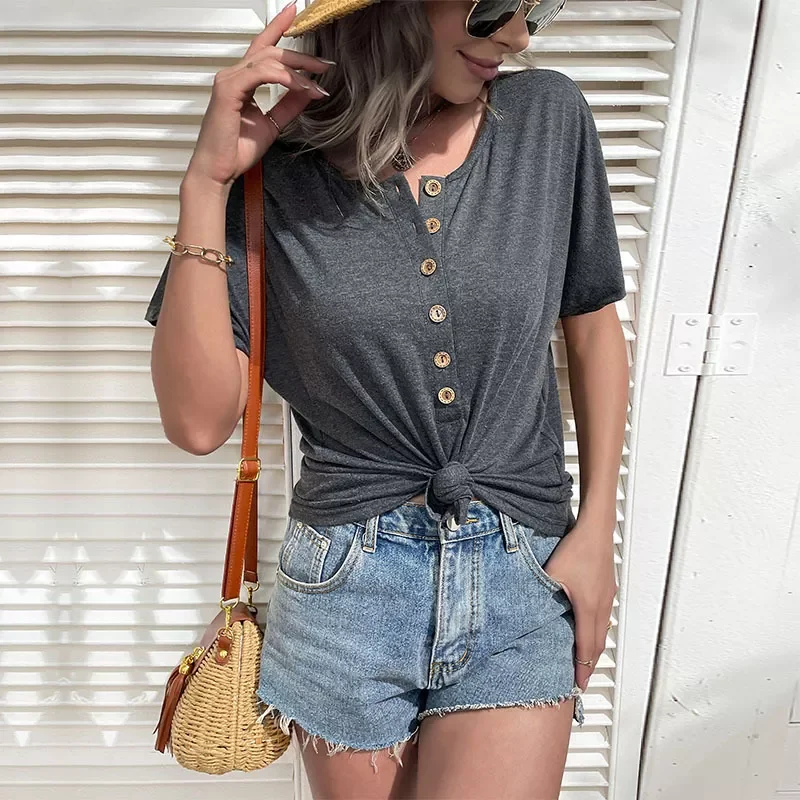 2022 Womens Casual Short Sleeve Loose T-Shirts Ladies Solid Color Button Tops O Neck Female Summer Street Clothes Pullover Tops
2022 Womens Casual Short Sleeve Loose T-Shirts Ladies Solid Color Button Tops O Neck Female Summer Street Clothes Pullover Tops