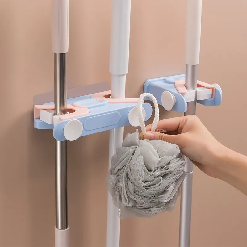 

Bathroom Mop Holder Clip Organize Double Buckle No Trace Rack Hanging Rag Plastic Broom Wall Mounted Adhesive Multi-Purpose Hook