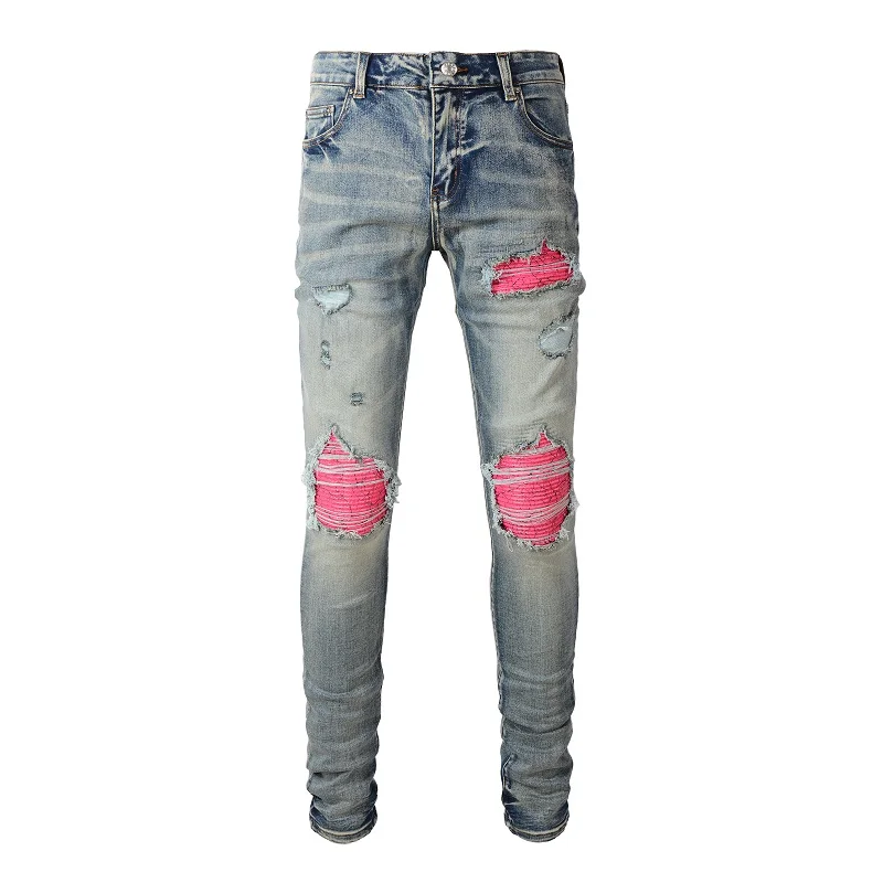 

AM New Arrival Men's Distressed Light Blue Streetwear Skinny Stretch Destroyed Hole Tie Dye Bandana Ribs Patches Ripped Jeans Pa