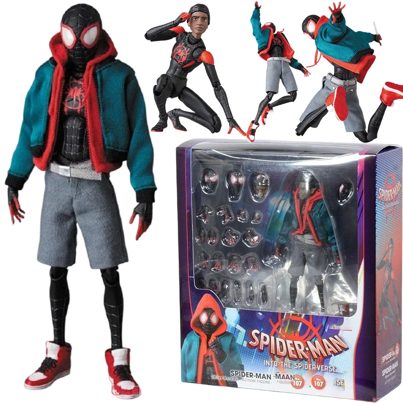 

In Stock Mafex No.107 Spiderman Miles Morales Into The Spider-Vers Action Model Anime Figure Toys Kids Christmas Gifts