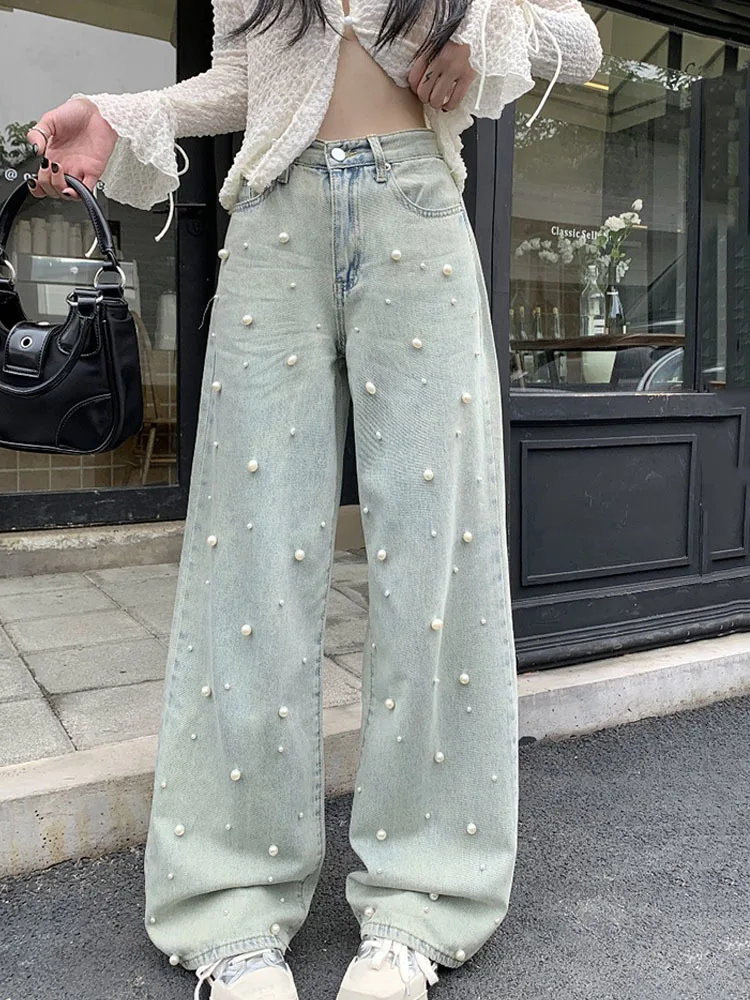 

Корейские модные джинсы для женщин, новинка весны 2023, джинсы в стиле ретро для тяжелой промышленности с бусинами и высокой талией, широкие брюки для женщин