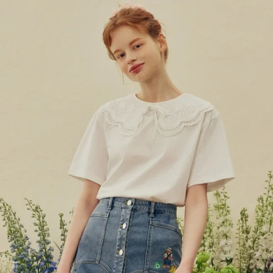 White Color Peter Pan Neck Women Kawaii Tees T-Shhirt Summer Short Sleeves Cotton Fabric Lady Tops Pullovers
White Color Peter Pan Neck Women Kawaii Tees T-Shhirt Summer Short Sleeves Cotton Fabric Lady Tops Pullovers