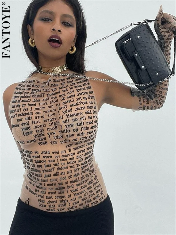 Print Letter See Through Mesh Women Top Khaki Round Neck Matching gloves T-shirt Female Summer New Spicy Girl Streetwear
Print Letter See Through Mesh Women Top Khaki Round Neck Matching gloves T-shirt Female Summer New Spicy Girl Streetwear