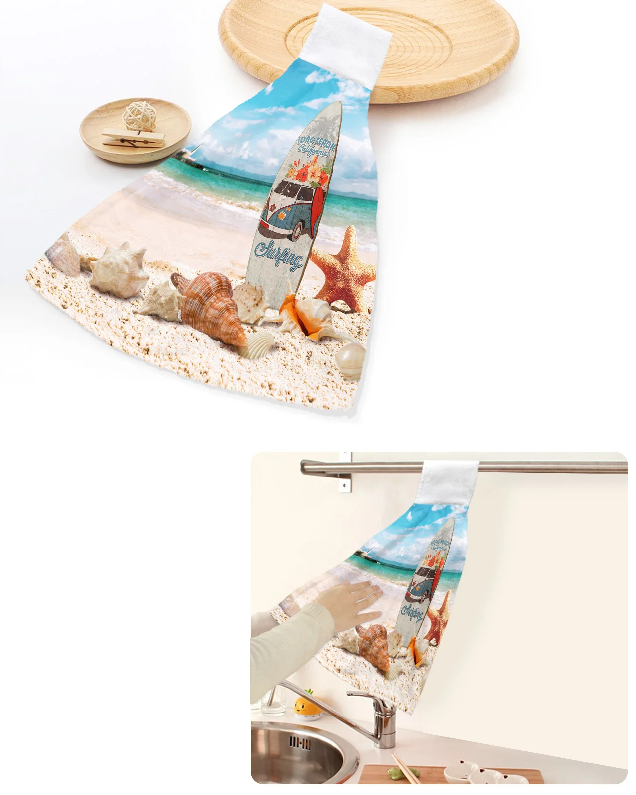 

Surfboard Beach Starfish Shell Hand Towels Home Kitchen Bathroom Hanging Dishcloths Loops Quick Dry Soft Absorbent Custom Towel
