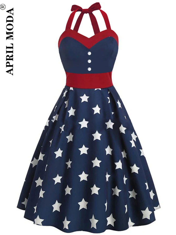 

Star Print Red Blue Halter Rockabilly Party Dress 1950s Style Summer A LINE Pinup Swing Sundress Robe De Cockatail Sexy Dresses