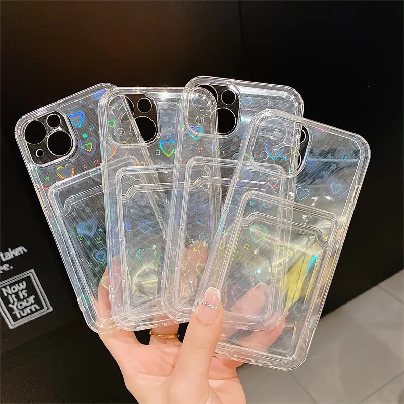 

Soft Clear TPU Case for Apple iPhone 13 12 11 pro max ProMax Cover Laser Heart Full Protect Back Shell with Card Pocket Dropship