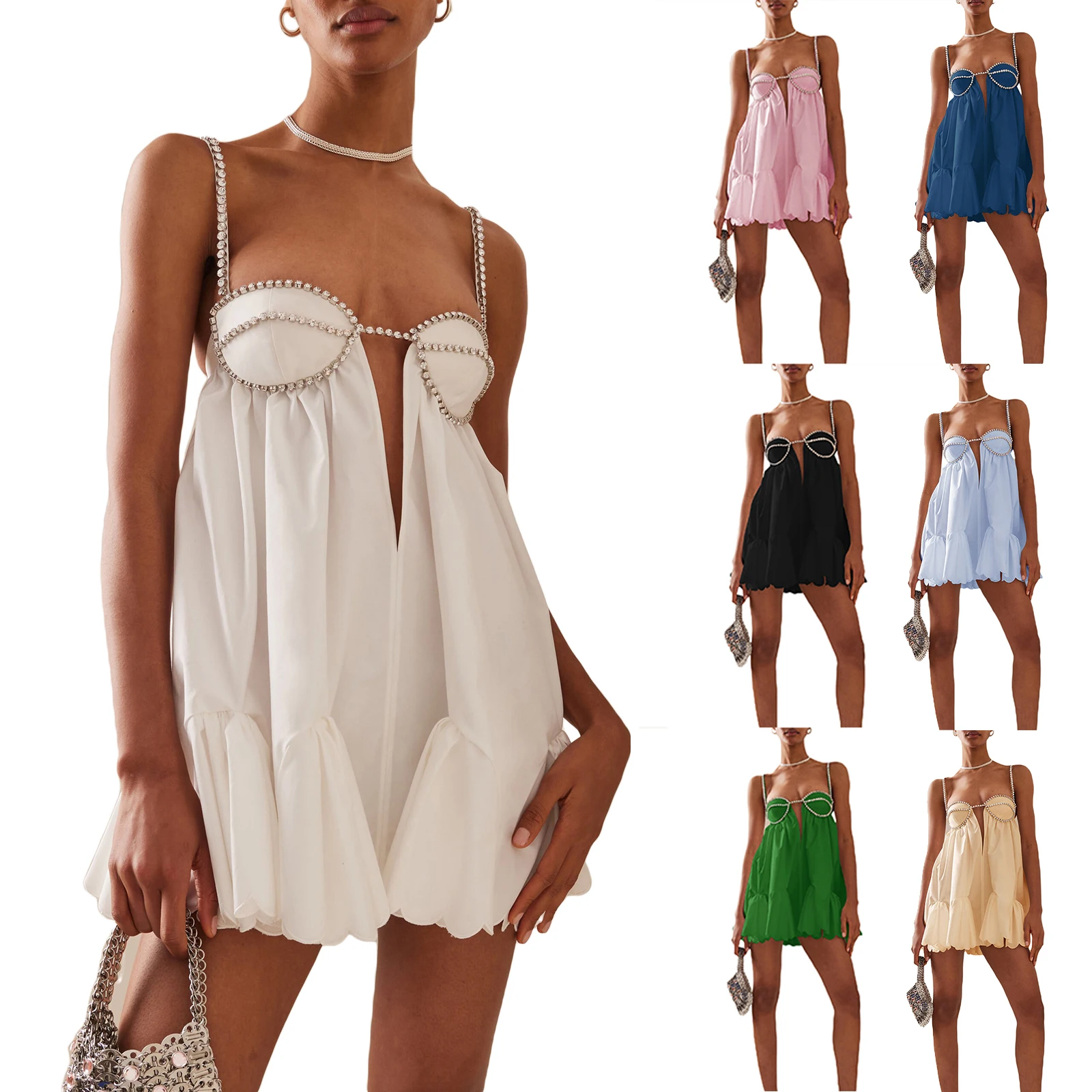 

Женское летнее Мини-Платье на бретелях-спагетти, блестящее женское коктейльное мини-платье трапециевидной формы с вырезом, для пляжа, ночного клуба