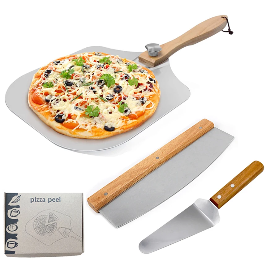 

Shipping To USA Online FBA Online Kitchenware Baking Equipment Aluminum 14*12" Pizza Peel Shovel Pizza Cutter 3 Pcs Set