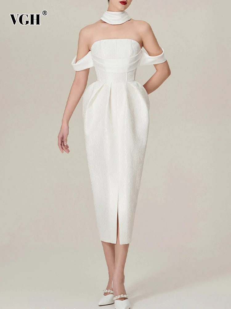 

VGH Minimalist Solid Split Dresses For Women Slash Neck Sleeveless High Waist Patchwork Temperament Elegant Dress Female Fashion