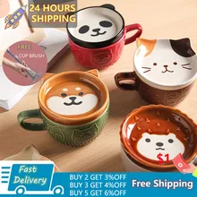 Ceramics Cute Cat Cup Shiba Inu Coffee Cups Mug with Lid Personality Gift Household Cartoon Kawaii Kids Breakfast Oat Milk Mugs