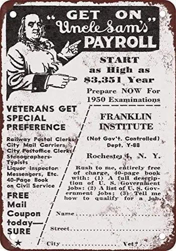 1949 Get On Uncle Sam's Payroll Retro Street Sign Household Metal Tin Sign Bar Cafe Car Motorcycle Garage Decoration Supplies
1949 Get On Uncle Sam's Payroll Retro Street Sign Household Metal Tin Sign Bar Cafe Car Motorcycle Garage Decoration Supplies