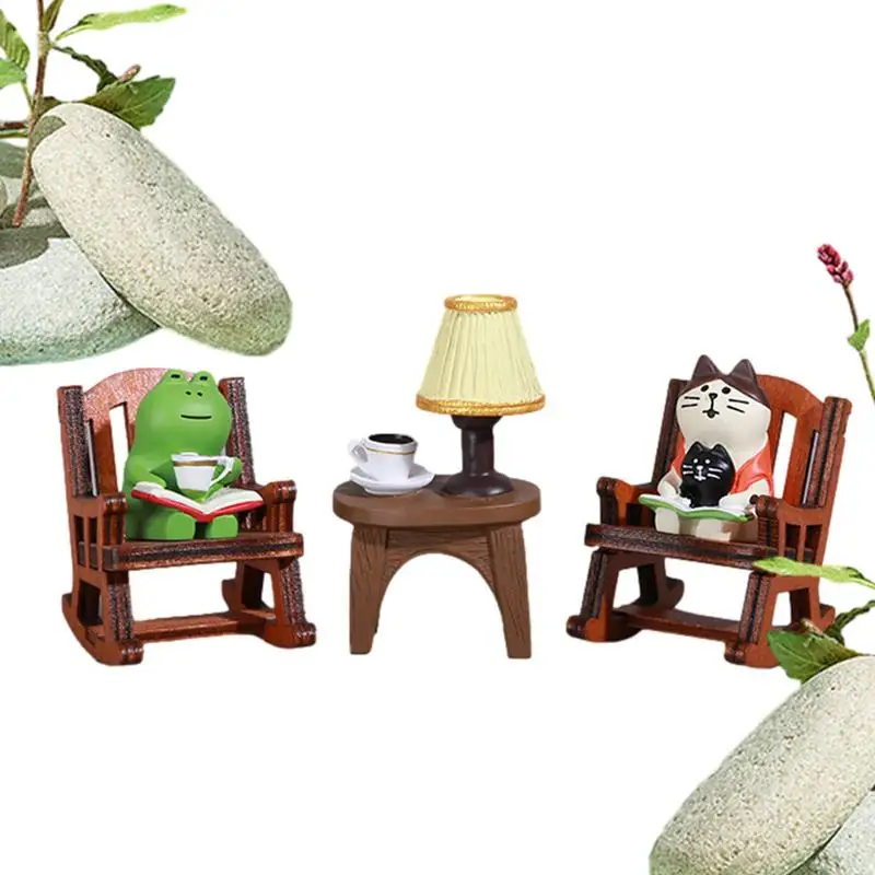 

5PCS/Set Miniature Frog Sitting Chair Statues Frog and cat Reading Book Collectible Figurines Decor For Bookshelf Tables Gardens