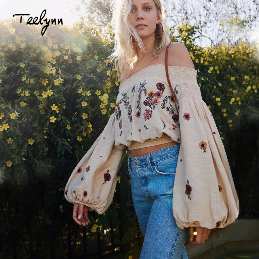 

TEELYNN Short Boho Blouse 2022 Floral Embroidery Sexy Off Shoulder Summer Crop Top Long Sleeve Chic Women Blouses Hippie Blusas