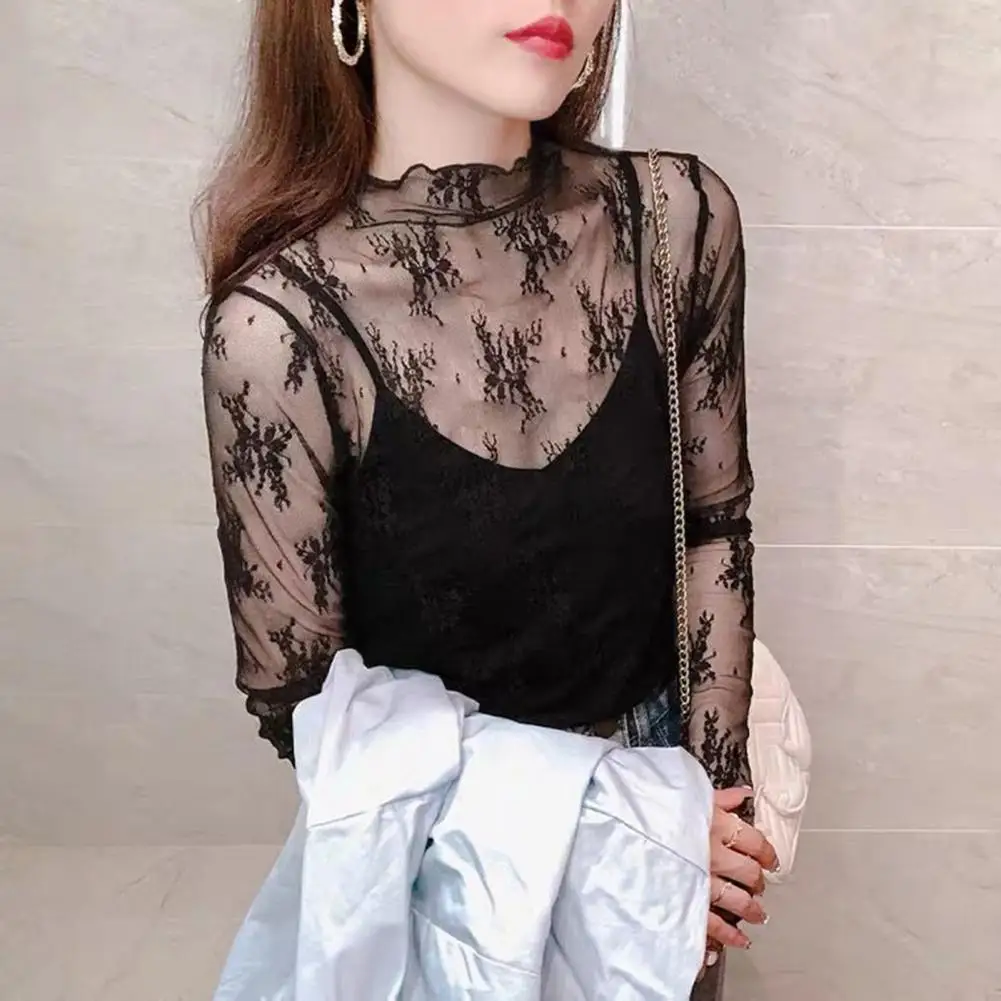 

Women See-Through Mesh Lace Bottomed Blouse Half High Collar Long Sleeve Embroidery Floral Pattern Sheer Mesh Top Lace Ear Edge