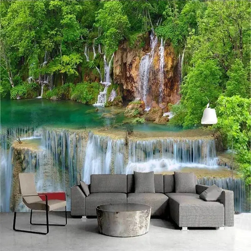 

Custom Any Size Green Forest Flowing Water Waterfall Photo Wallpaper Living Room Bedroom TV Sofa Backdrop Wall Home Decor Mural