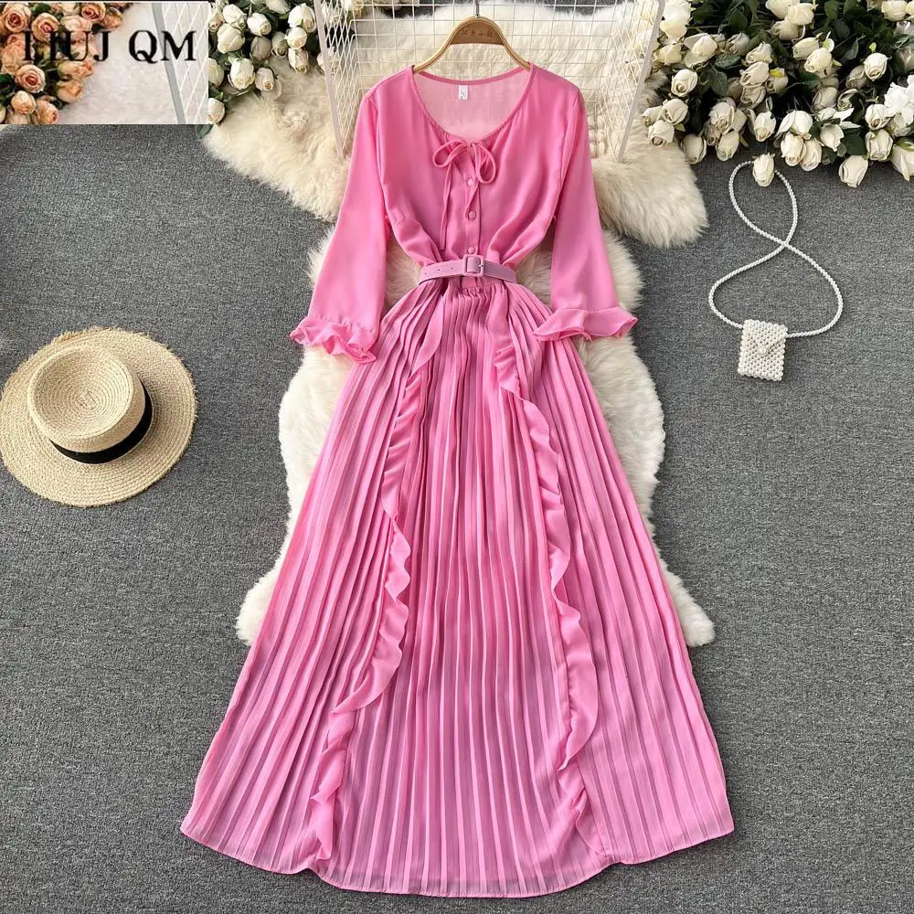 Women Dresses 2022 Spring Autumn Half Sleeve Solid Color High Waist Ruffle Chiffon Pleated Maxi Dress Elegant Chic Beach Dress
Women Dresses 2022 Spring Autumn Half Sleeve Solid Color High Waist Ruffle Chiffon Pleated Maxi Dress Elegant Chic Beach Dress