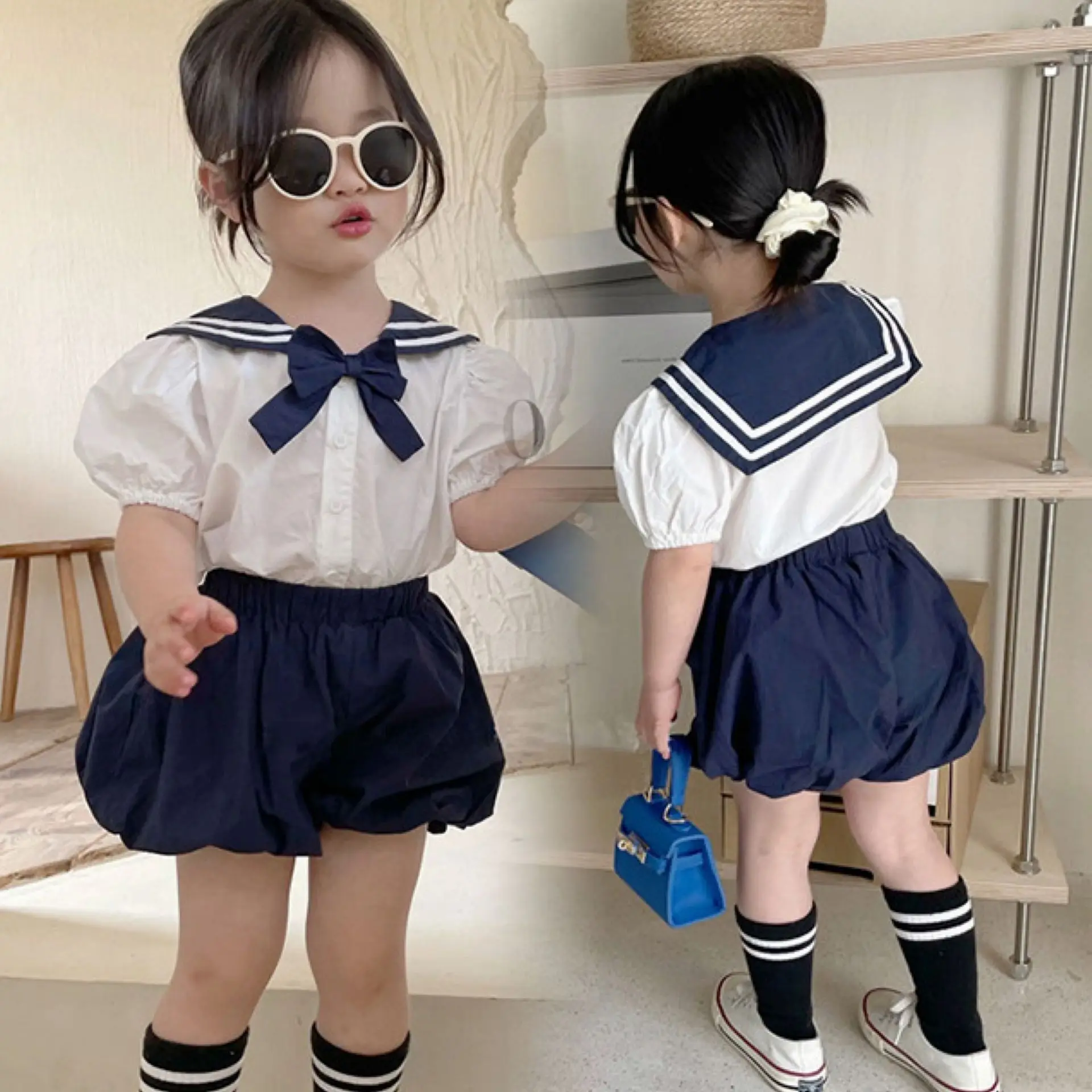 

Моряка для маленьких девочек, одежда 2022, летняя детская блузка, верх и низ, шорты, одежда, комплект из двух предметов, корейский Детский костю...
