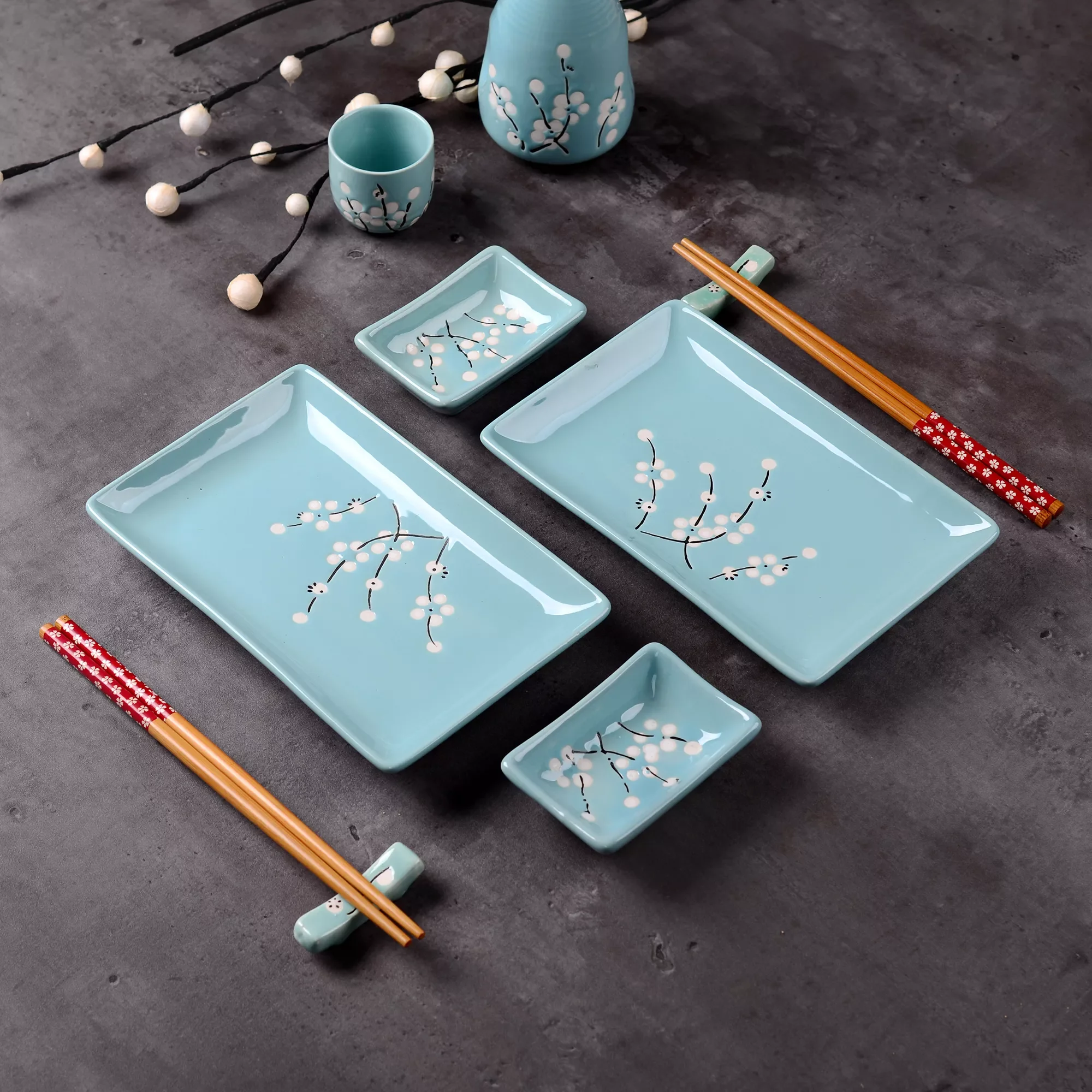 Japanese Style Blue Porcelain Sushi Plate Set with 2XSushi Plates,Dip Dishes,Stick Stands,Bamboo Chopsticks Gift Package
Japanese Style Blue Porcelain Sushi Plate Set with 2XSushi Plates,Dip Dishes,Stick Stands,Bamboo Chopsticks Gift Package