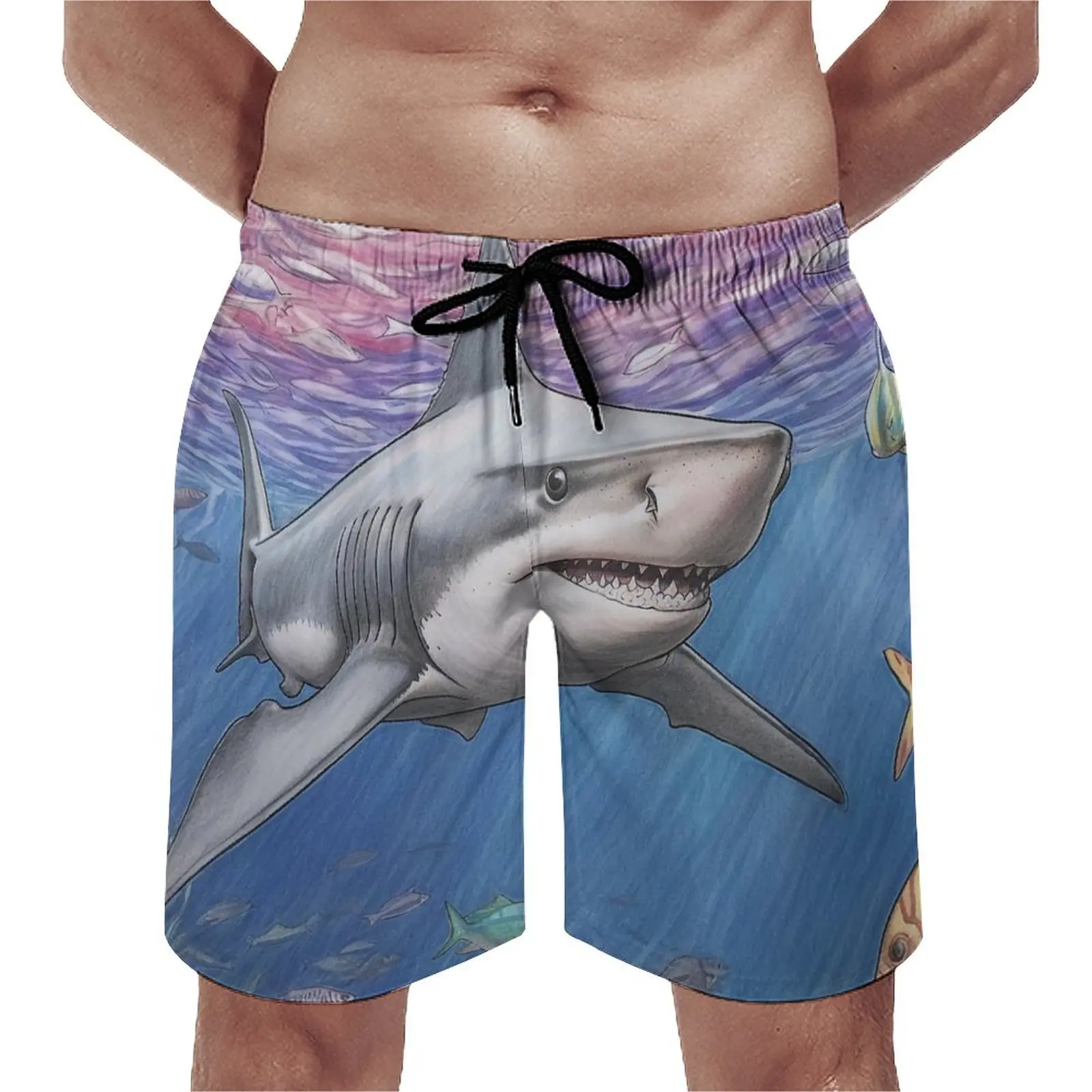 

Shark Gym Shorts Summer Colored Cartoon Pencil Art Running Surf Beach Short Pants Men Quick Dry Design Plus Size Swim Trunks