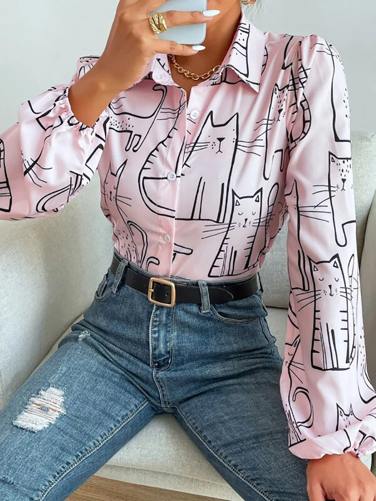 Woman 2022 Fashion Vintage Long Sleeve Shirts Turn Down Collar Cute Cat Print Button Front Blouse Girl Ladies Tops Chemise Femme 
Woman 2022 Fashion Vintage Long Sleeve Shirts Turn Down Collar Cute Cat Print Button Front Blouse Girl Ladies Tops Chemise Femme