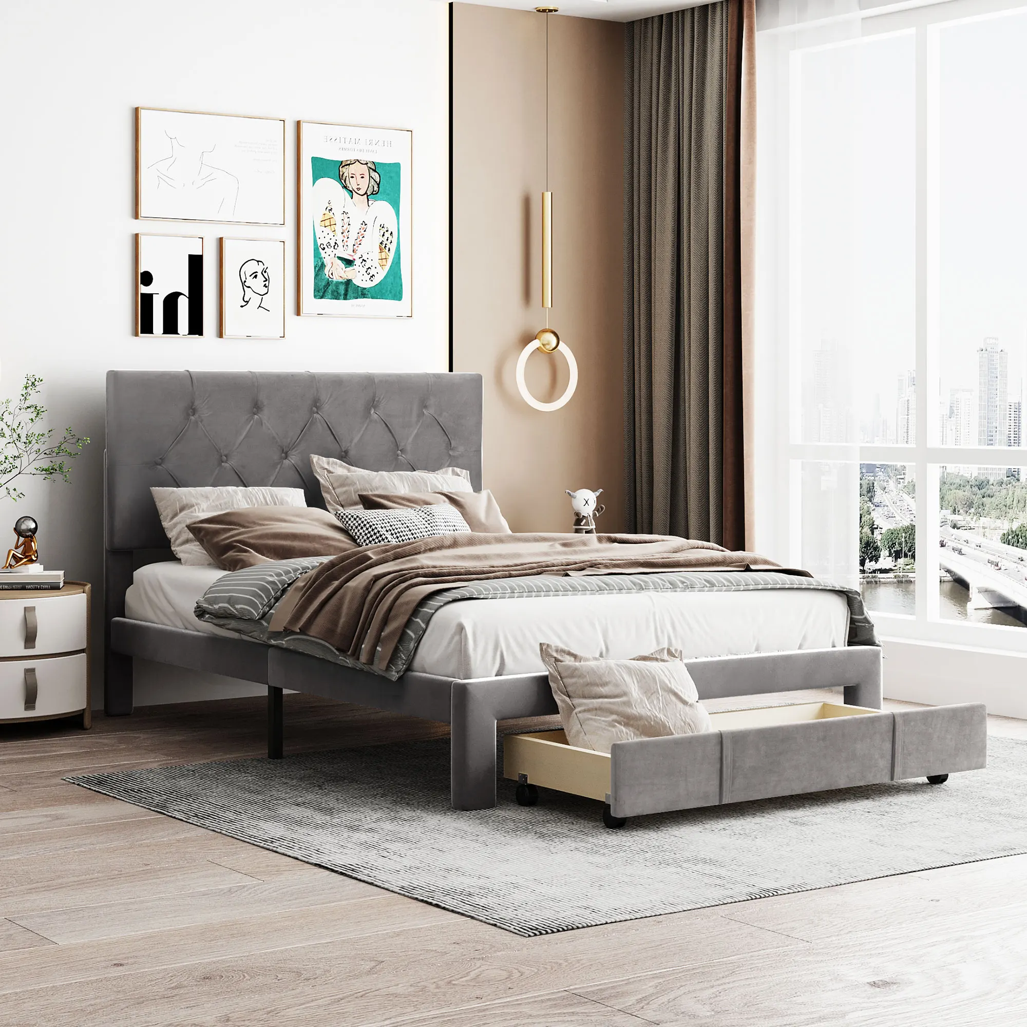 

Полноразмерная кровать для хранения бархатная мягкая платформа кровать с большим выдвижным ящиком-серый