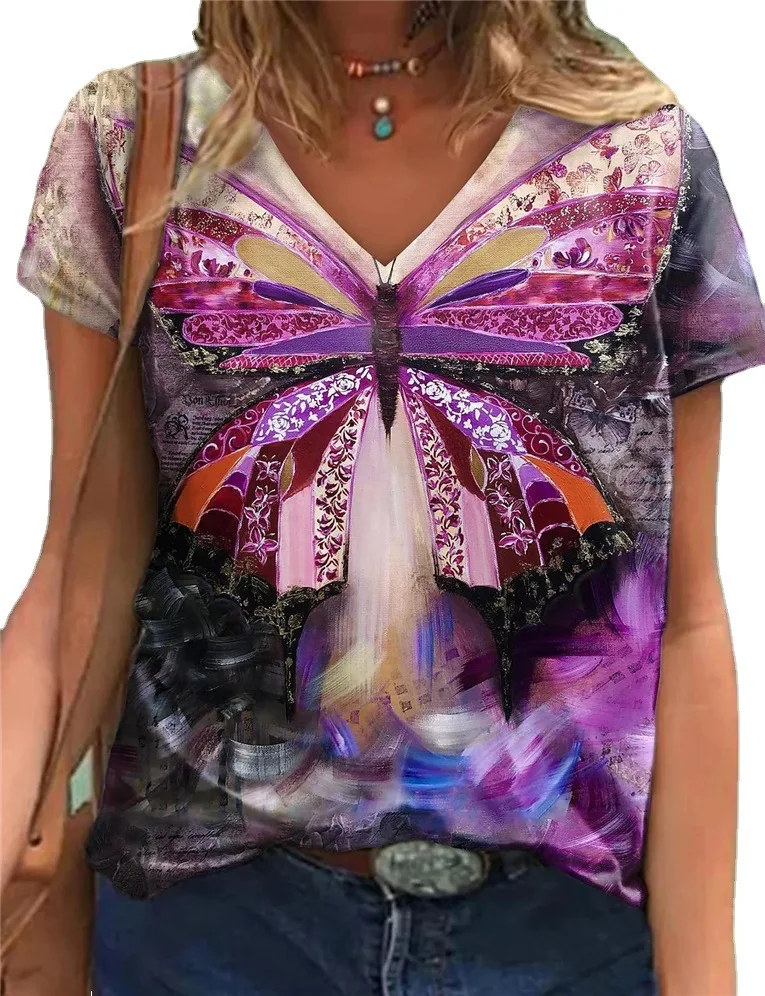 Summer Short Sleeves Women's Tees Loose Casual Vintage Tshirt Color Graphic Printing Tops V Neck Fashion Butterfly Pullover 2022
Summer Short Sleeves Women's Tees Loose Casual Vintage Tshirt Color Graphic Printing Tops V Neck Fashion Butterfly Pullover 2022
