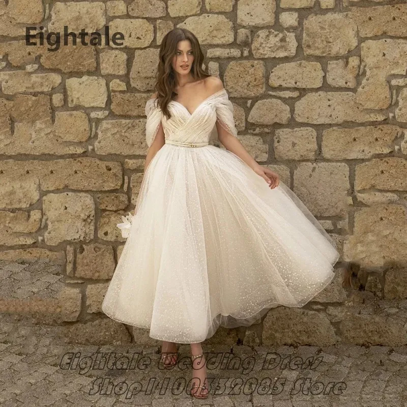 Eightale Bling Glittter Boho Wedding Dresses 2022 Off Shoulder Dot Net Tulle Beach Short Bridal Gown vestido de noiva curto
Eightale Bling Glittter Boho Wedding Dresses 2022 Off Shoulder Dot Net Tulle Beach Short Bridal Gown vestido de noiva curto