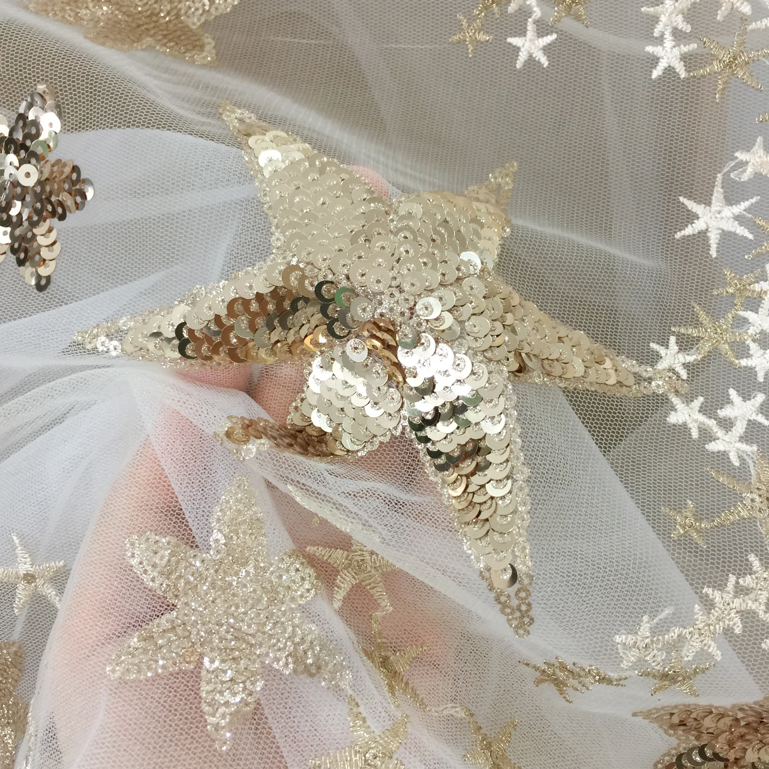 

130cm wide 1yard/lot Europe and America High Definition Mesh Star Sequin Fabric Wedding Dress Stage Sress DIY Accessories X596