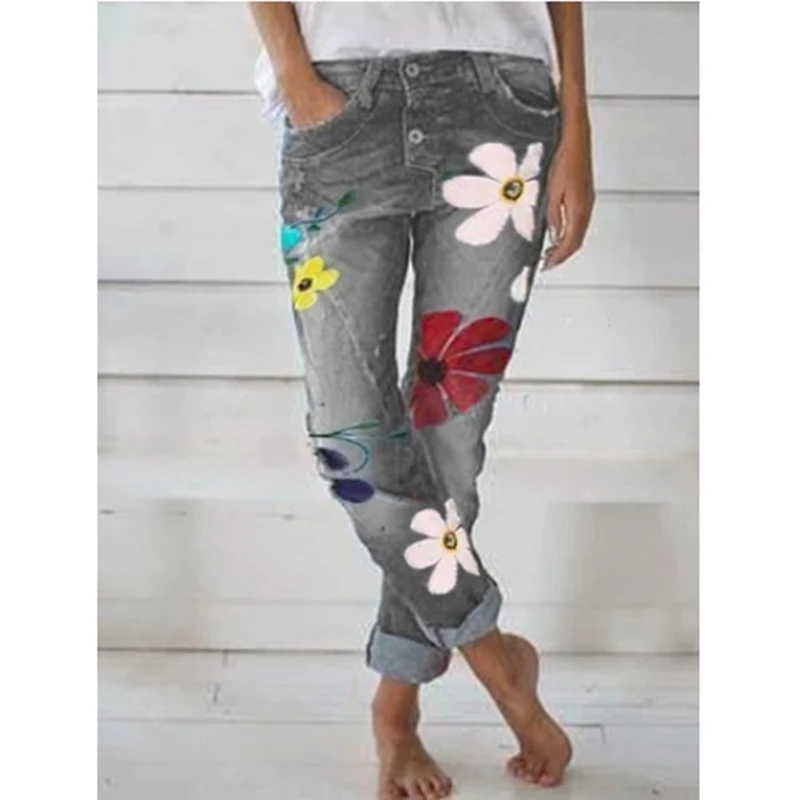 

Jeans Woman Large Size Fashion Print Pattern Mid Waist Bleached Button Fly Street Style Pencil Pants Lugentolo