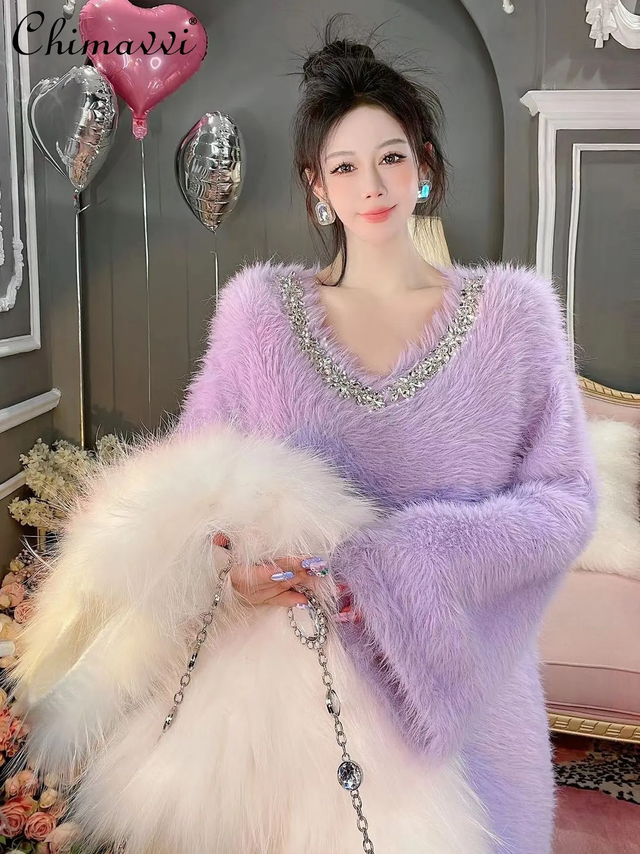 2022 Winter New Fashion Loose Heavy Industry V-neck Bead Mink Fur Knitted Dress Thickened Long Pullover Temperament Dress Women
2022 Winter New Fashion Loose Heavy Industry V-neck Bead Mink Fur Knitted Dress Thickened Long Pullover Temperament Dress Women