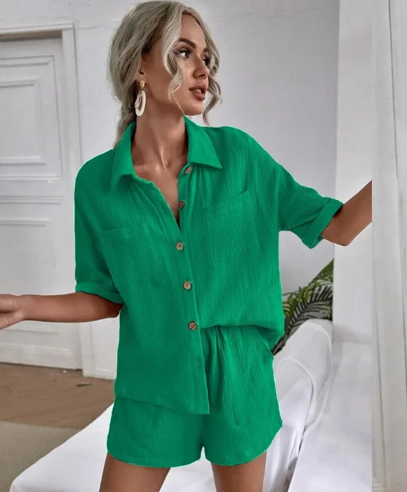 Solid Color Shirt Set Short Sleeved Single Breasted Women's Spring/summer Fashion Shorts Two Pieces
Solid Color Shirt Set Short Sleeved Single Breasted Women's Spring/summer Fashion Shorts Two Pieces