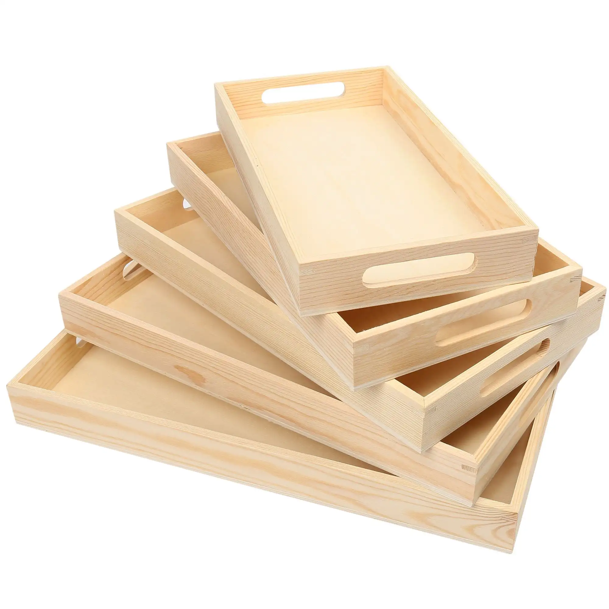 5 Wooden Nested Serving Trays with Handles, 13 - 16 in, Unfinished Natural Wood Color
5 Wooden Nested Serving Trays with Handles, 13 - 16 in, Unfinished Natural Wood Color