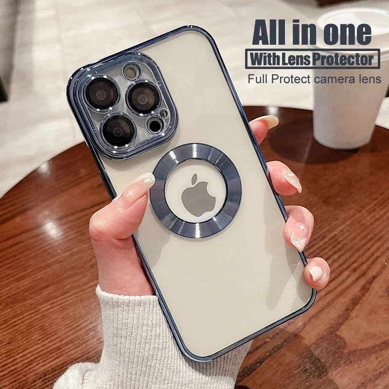 

New Built in Lens Protector Film Transparent Plating Silicone Case For iPhone 14 13 12 11 Pro MAX XSMAX XS XR X 7 8 PLUS Cover