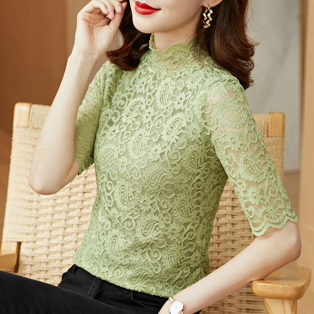 S-3XL Women Lace Mesh High Collar Bottom T-shirts Elegant See Through Female Three Quarter Sleeve Fashion Sexy Tees Clothes
S-3XL Women Lace Mesh High Collar Bottom T-shirts Elegant See Through Female Three Quarter Sleeve Fashion Sexy Tees Clothes