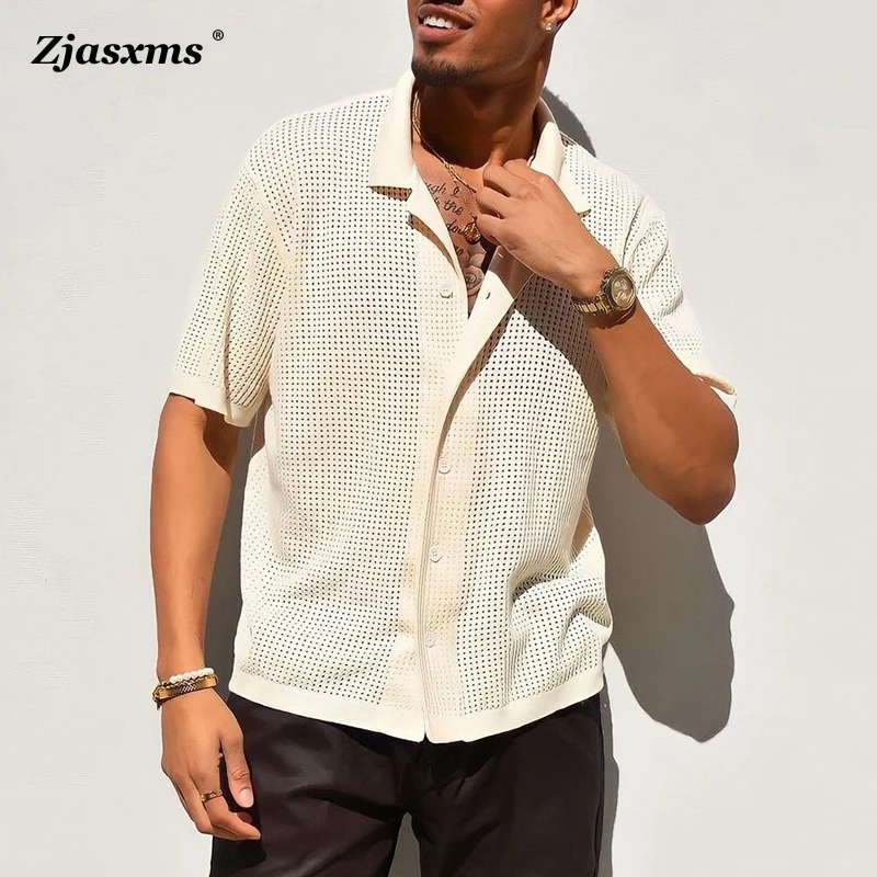 Men's Cardigan Hollow Out Beach Shirts New Summer Short Sleeve Loose Tops Fashion Men Casual Solid Color Lapel Office Streetwear
Men's Cardigan Hollow Out Beach Shirts New Summer Short Sleeve Loose Tops Fashion Men Casual Solid Color Lapel Office Streetwear