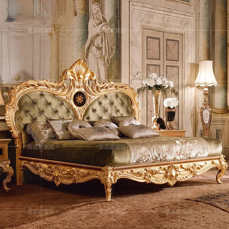 

Пользовательская итальянская роскошная двуспальная кровать в европейском стиле из цельной древесины, резная Золотая фольга, большая кровать, вилла, спальня, свадебная кровать