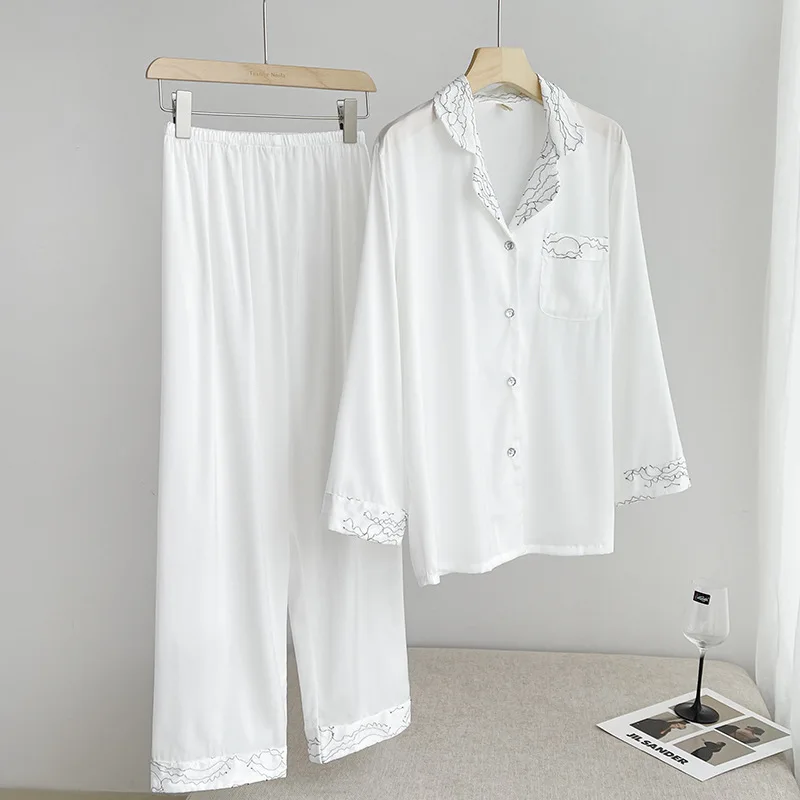 Spring New Satin Sleep Set Women Long Sleeve Home Clothing Pajamas Suit Loungewear Satin Shirt&Pants Pyjamas Intimate Lingerie 
Spring New Satin Sleep Set Women Long Sleeve Home Clothing Pajamas Suit Loungewear Satin Shirt&Pants Pyjamas Intimate Lingerie