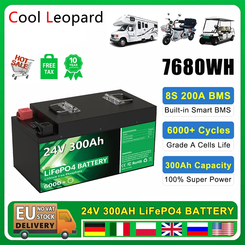 

New 12V 24V 300Ah 200Ah 100Ah LiFePo4 Battery Pack,for RV Golf Cart Boat Solar Replacement Rechargeable Battery