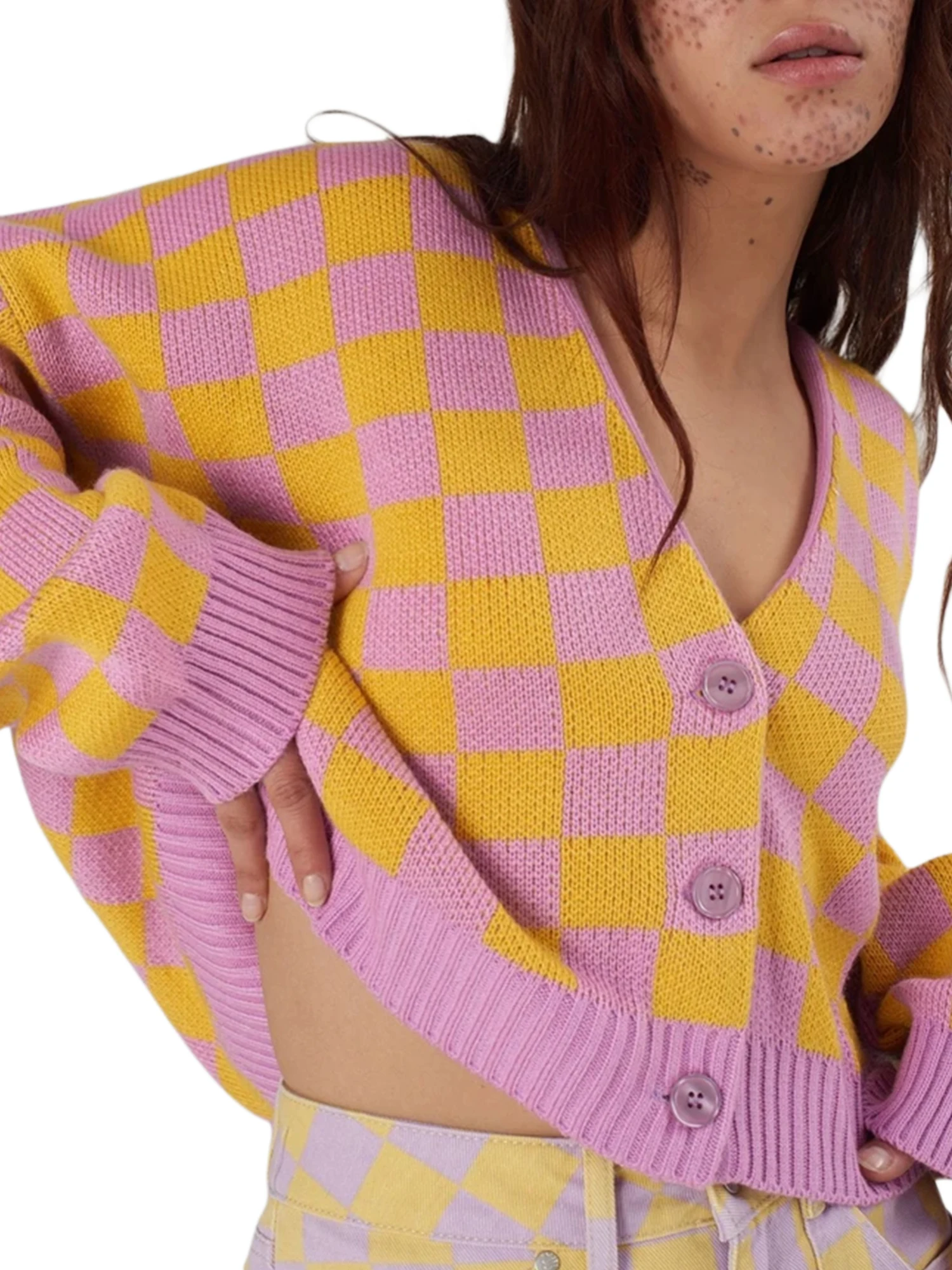 

Women Knitted Cardigan Splicing Checked V-Neck Long Sleeves Button-Open Knit Coat Knitted Fabric Yellow Purple